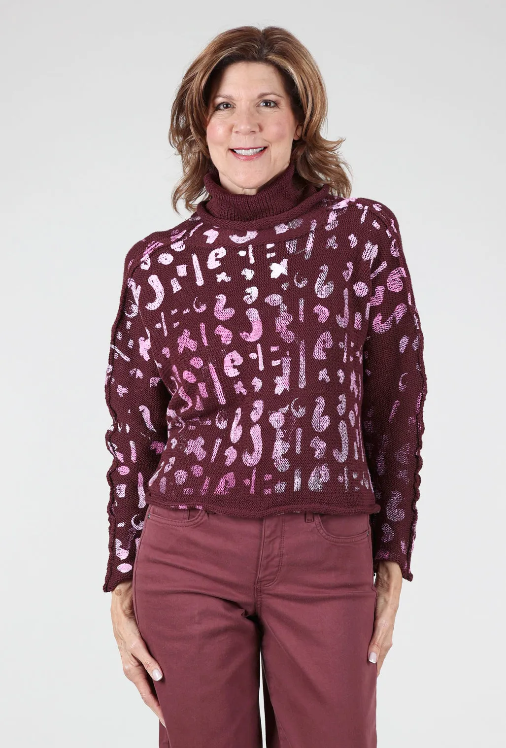 Abby Tiny Cowl Pullover, Burgundy/Pink