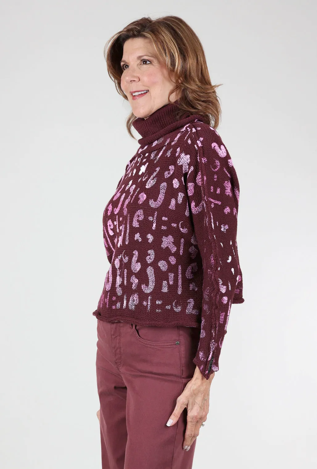 Abby Tiny Cowl Pullover, Burgundy/Pink