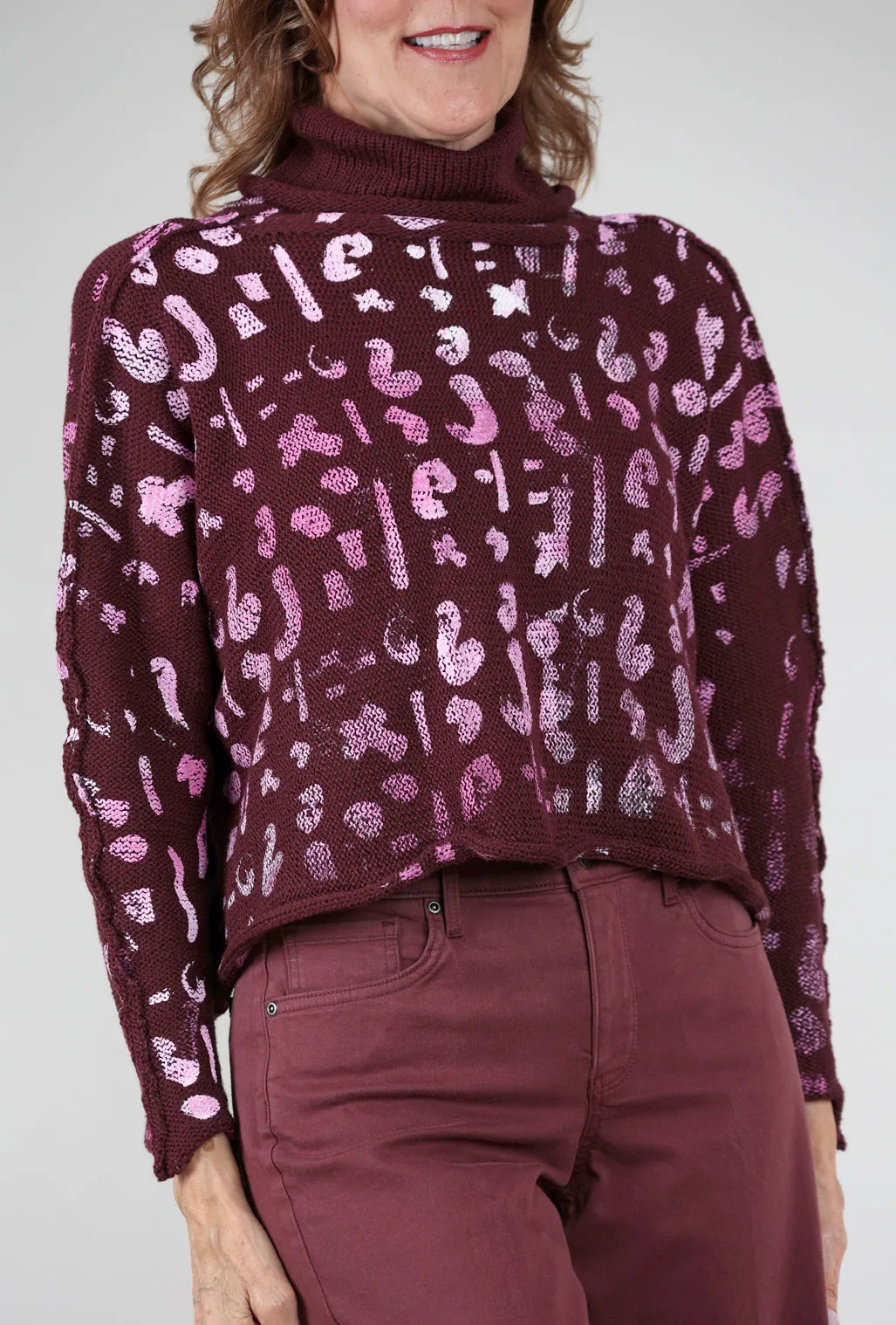 Abby Tiny Cowl Pullover, Burgundy/Pink