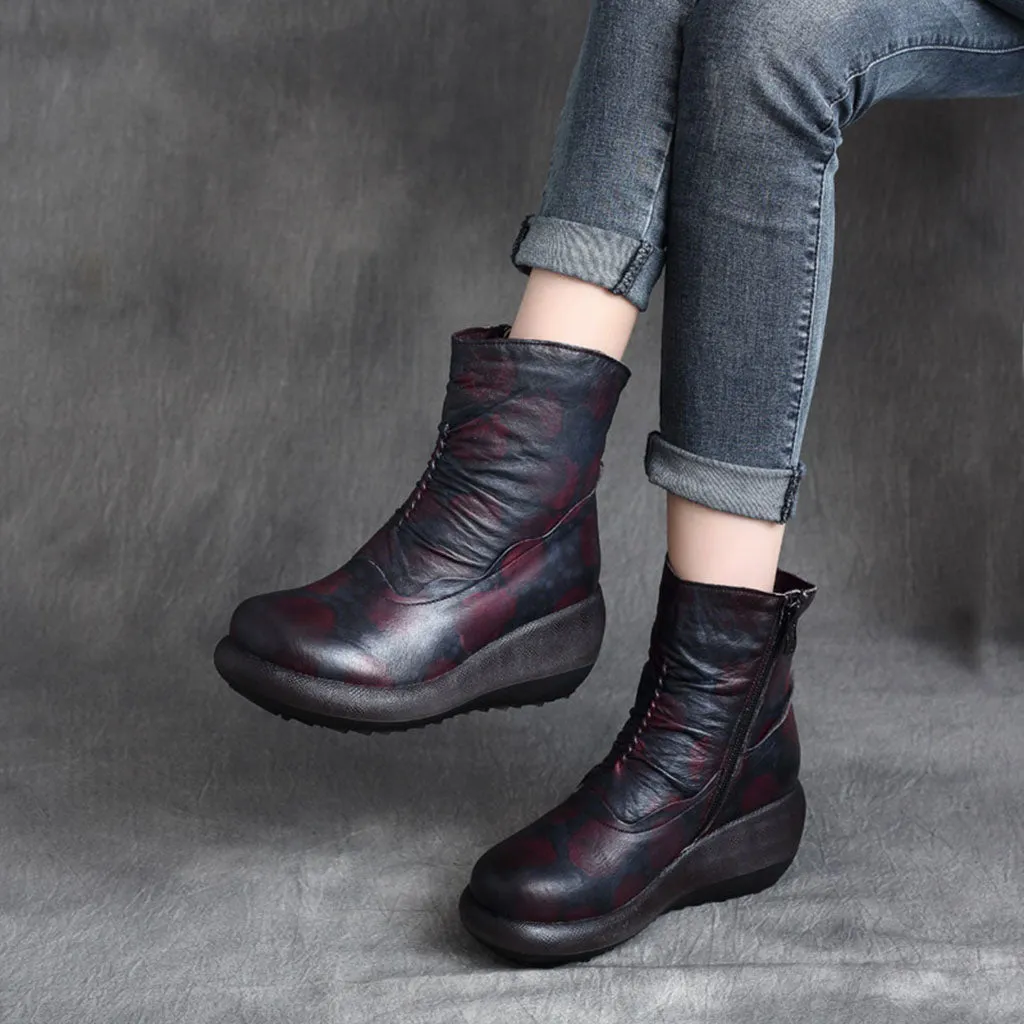 Autumn Winter Comfortable Leather Wedge Boots