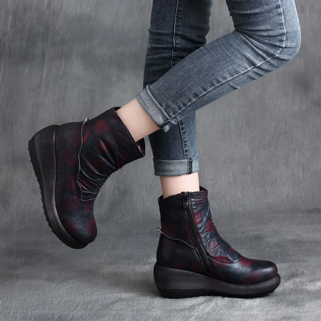 Autumn Winter Comfortable Leather Wedge Boots