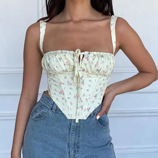 Black Floral Corset Women Summer Sexy Backless Boned Lace Up Crop Top Party Casual Wear Prairie Chic Print Tops  New
