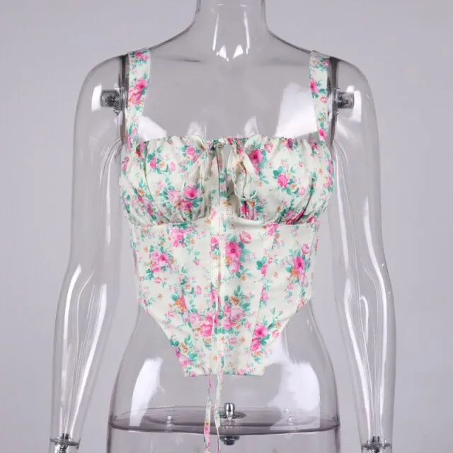 Black Floral Corset Women Summer Sexy Backless Boned Lace Up Crop Top Party Casual Wear Prairie Chic Print Tops  New