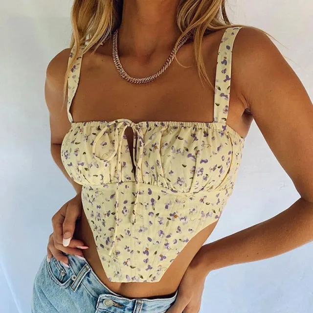 Black Floral Corset Women Summer Sexy Backless Boned Lace Up Crop Top Party Casual Wear Prairie Chic Print Tops  New