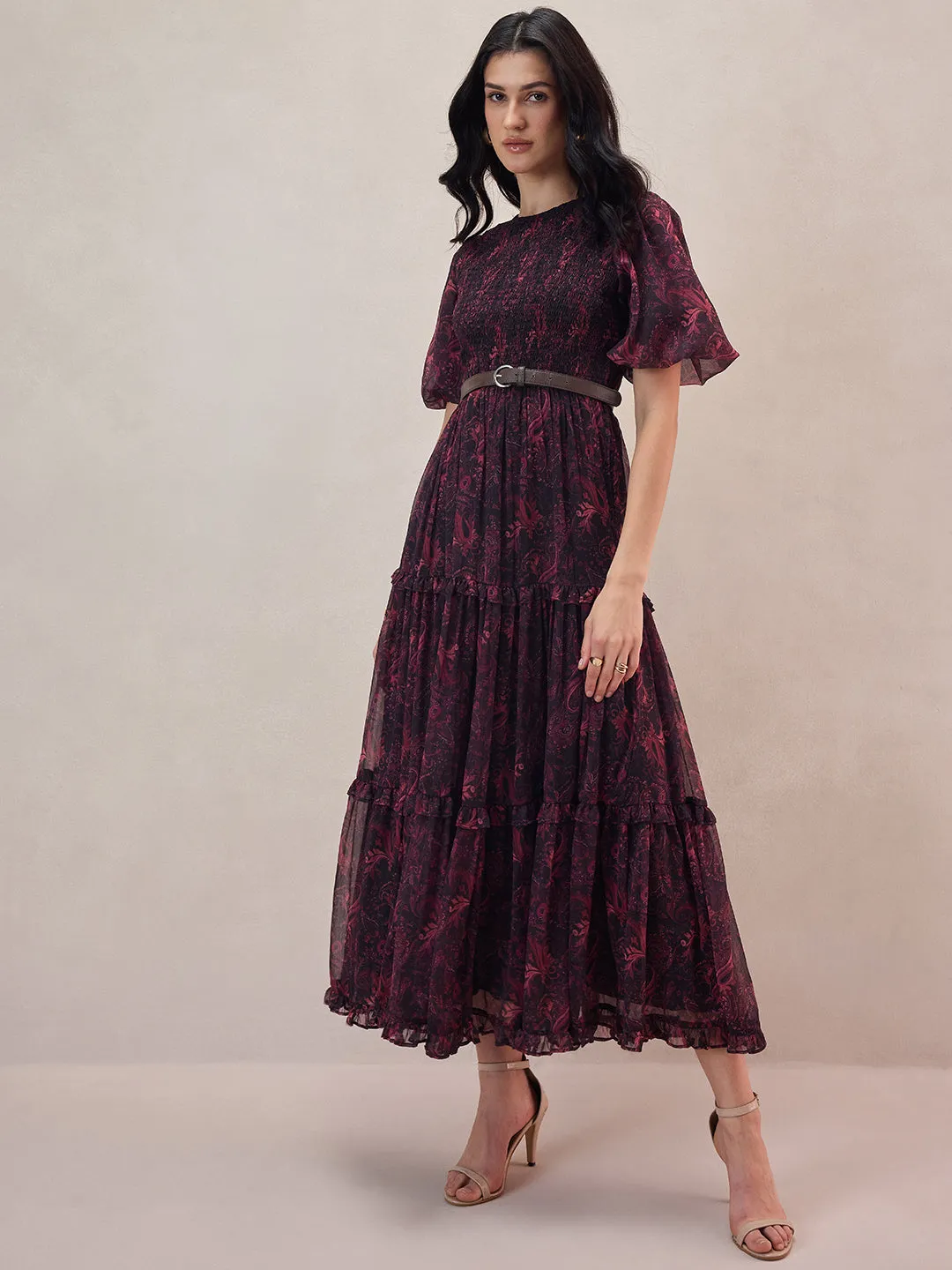 Black Paisley Smocked Maxi Dress