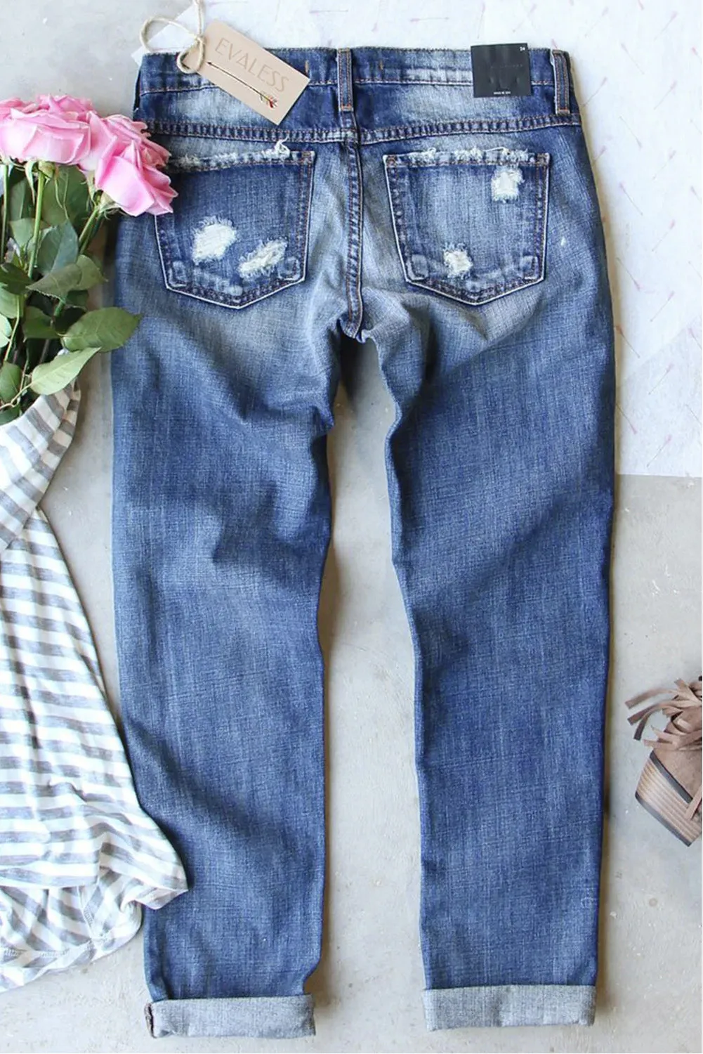 Blue Leopard Gradient Color Patchwork Distressed Jeans