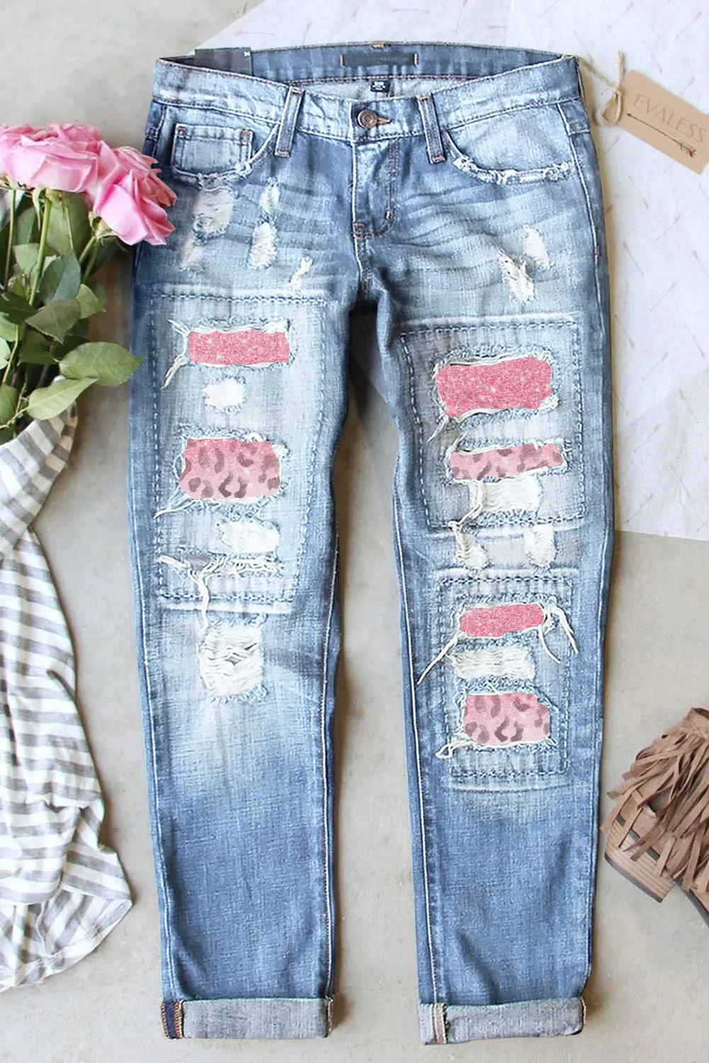 Blue Leopard Gradient Color Patchwork Distressed Jeans