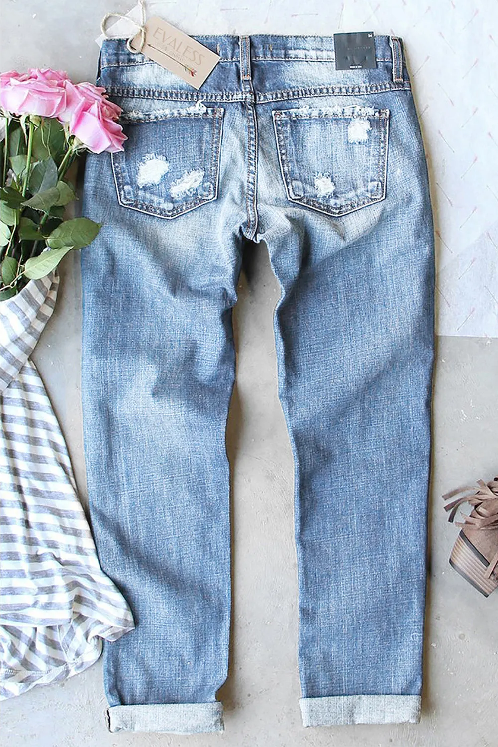 Blue Leopard Gradient Color Patchwork Distressed Jeans