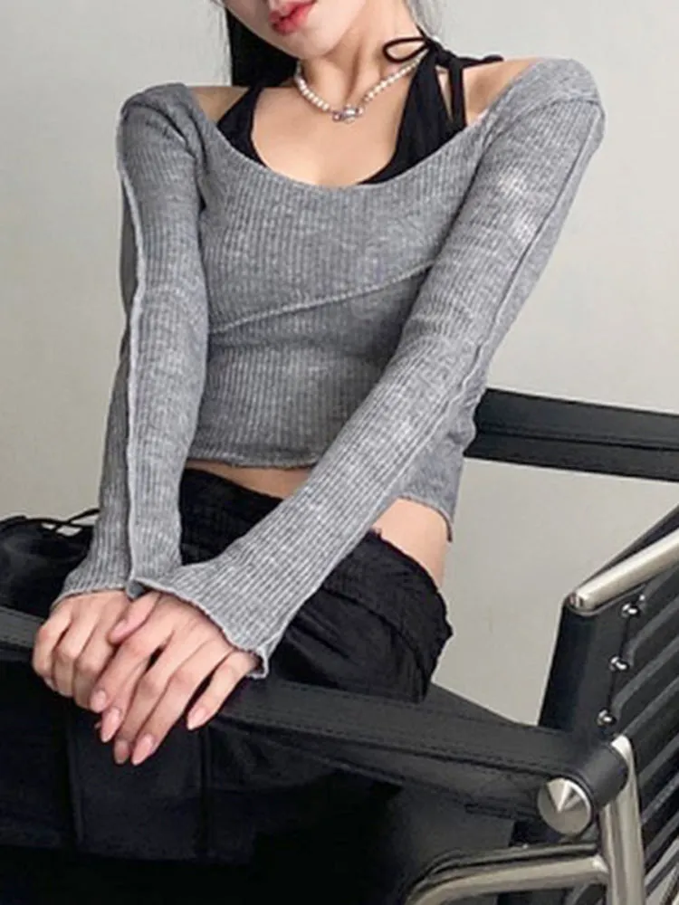 Casual Ribbed Knit Skinny Crop Top