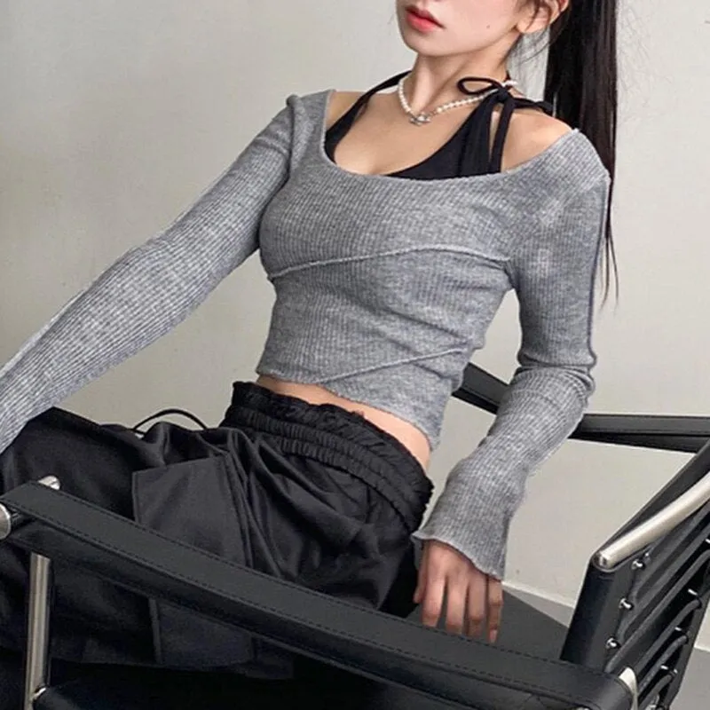 Casual Ribbed Knit Skinny Crop Top