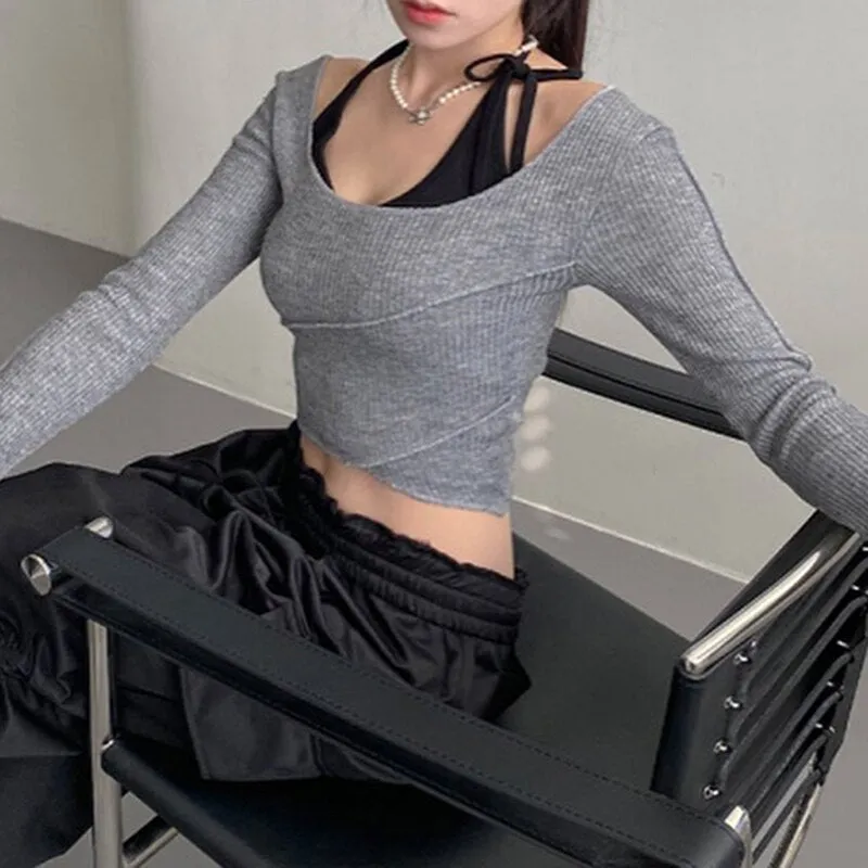Casual Ribbed Knit Skinny Crop Top