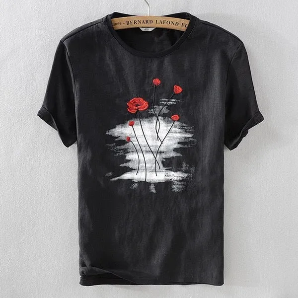 Classic Linen Round Neck Embroidery T-shirt