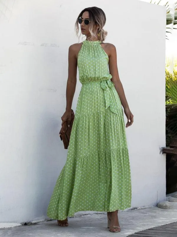 Elegant Dropped Sleeve Polka Dot Halter Dress