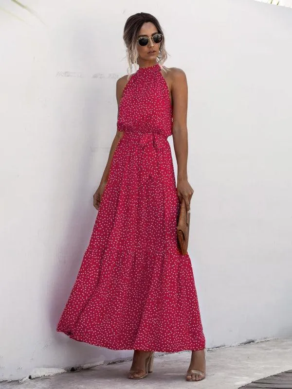 Elegant Dropped Sleeve Polka Dot Halter Dress
