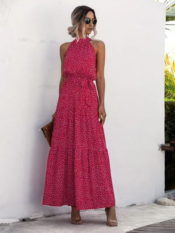 Elegant Dropped Sleeve Polka Dot Halter Dress
