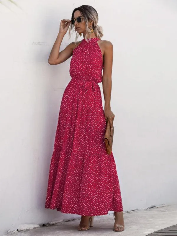 Elegant Dropped Sleeve Polka Dot Halter Dress
