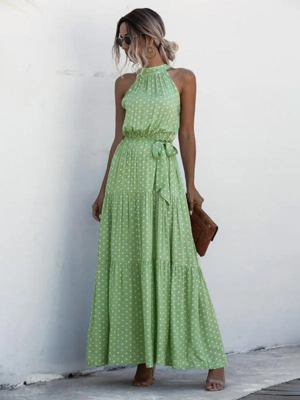 Elegant Dropped Sleeve Polka Dot Halter Dress