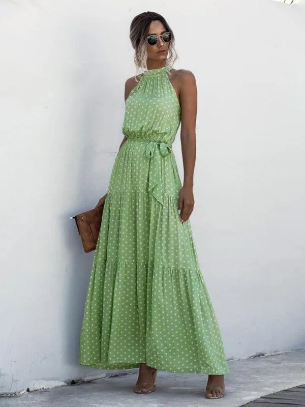 Elegant Dropped Sleeve Polka Dot Halter Dress