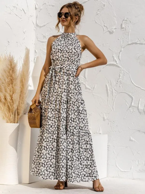Elegant Dropped Sleeve Polka Dot Halter Dress