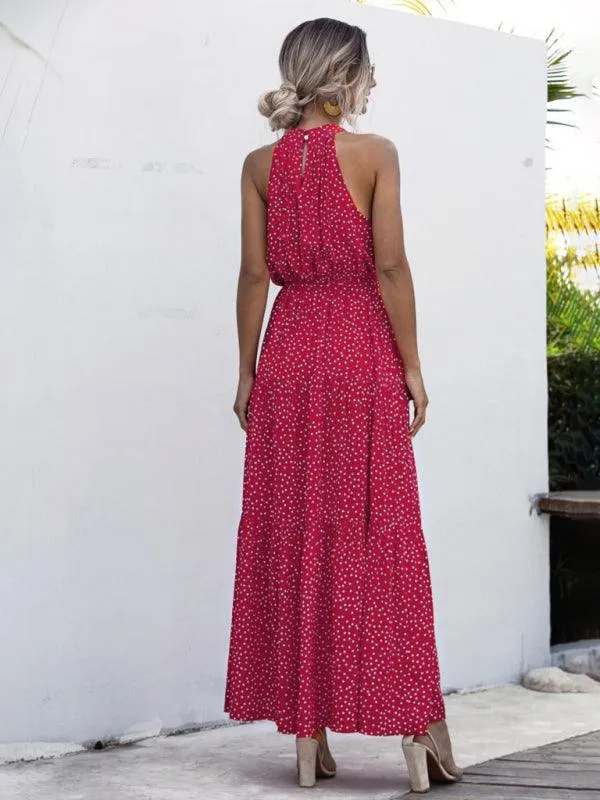 Elegant Dropped Sleeve Polka Dot Halter Dress