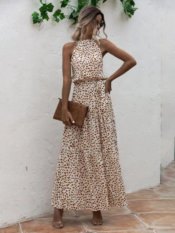 Elegant Dropped Sleeve Polka Dot Halter Dress