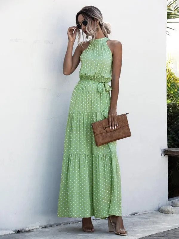 Elegant Dropped Sleeve Polka Dot Halter Dress