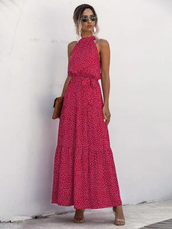 Elegant Dropped Sleeve Polka Dot Halter Dress