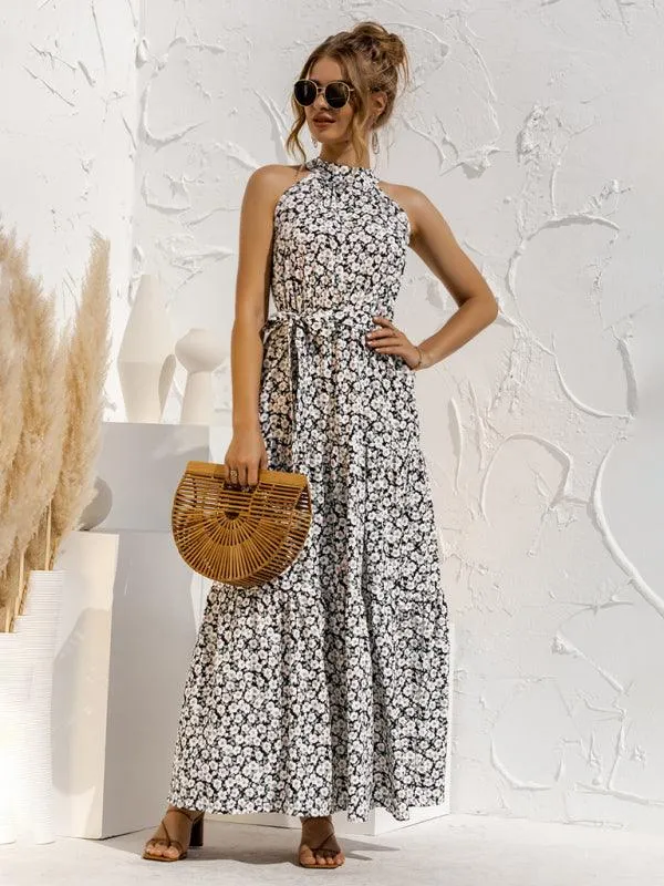 Elegant Dropped Sleeve Polka Dot Halter Dress