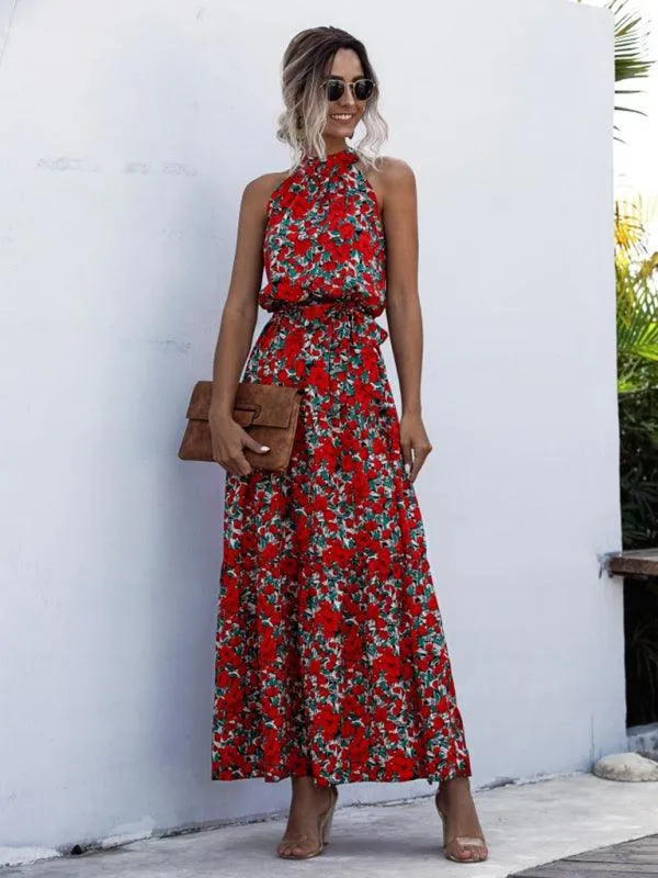 Elegant Dropped Sleeve Polka Dot Halter Dress