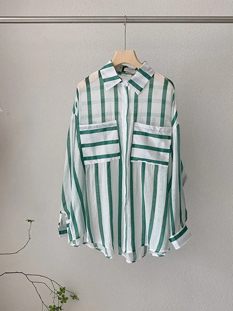 Fashion Striped Women Shirts Loose Korean Long Sleeve Preppy Style Ladies Shirts Casual Pockets Summer Thin Ladies Shirts