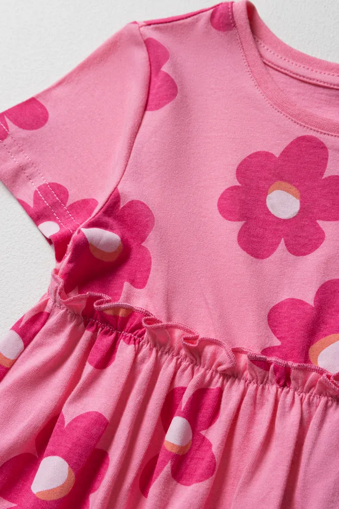 Floral Short Sleeve T-Shirt Dress Dark Pink