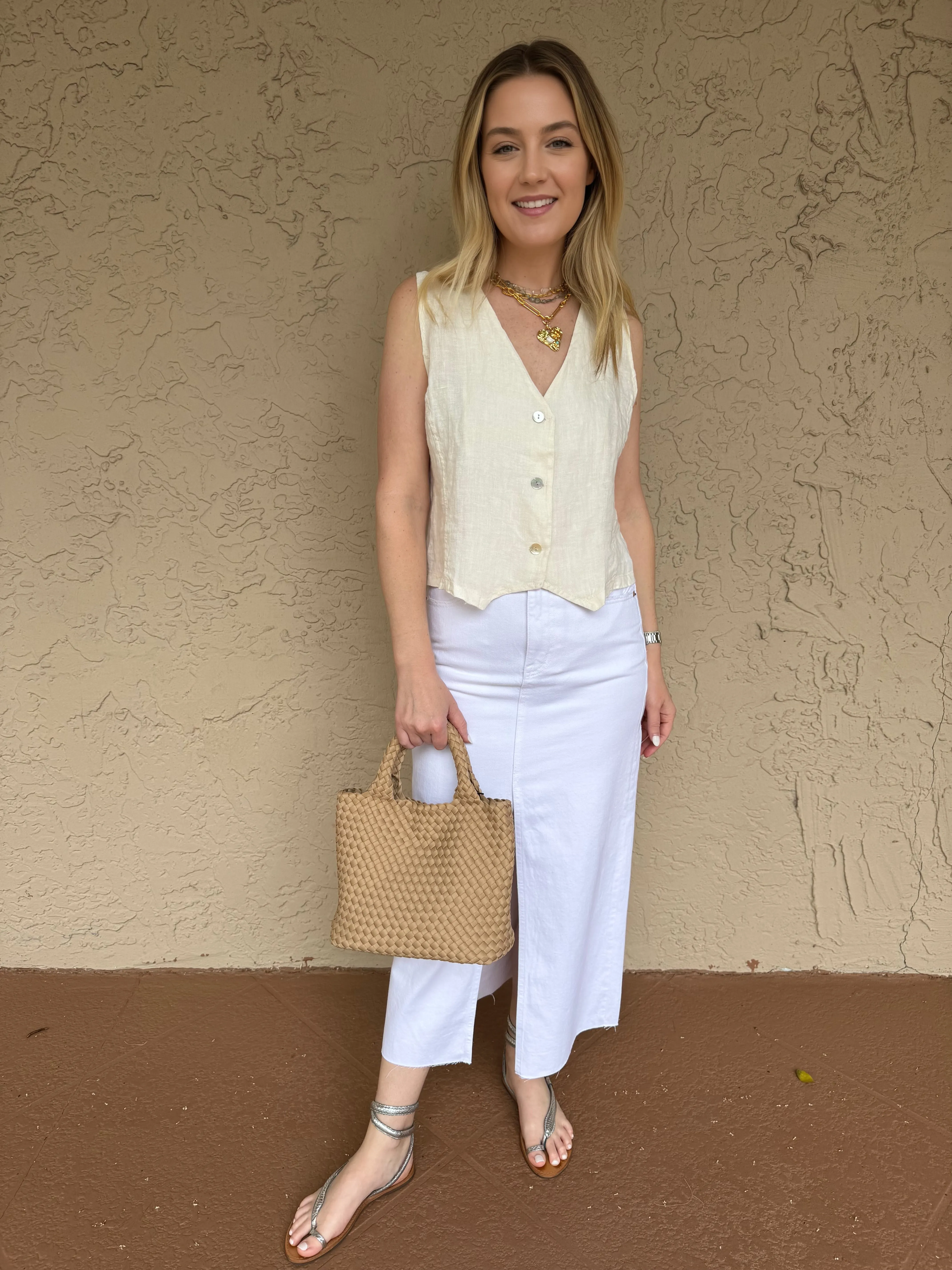 Fortnight Crop Linen Vest - Ecru