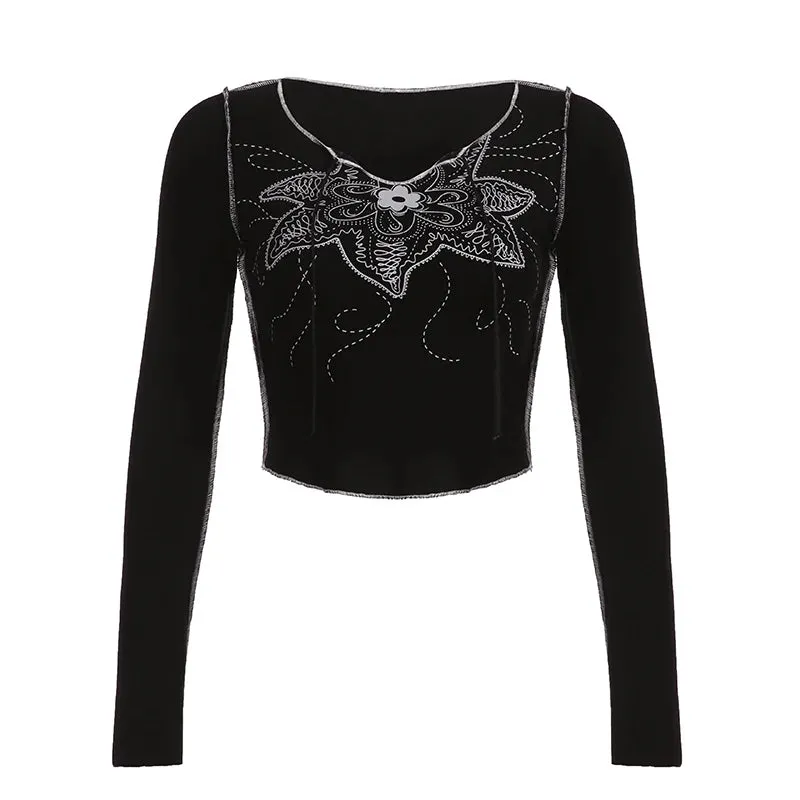 Grunge Fairycore y2k Autumn Tee Shirts Slim Graphic Print Women's T-shirts 90s Stitch Gothic Tops Cropped Aesthetic