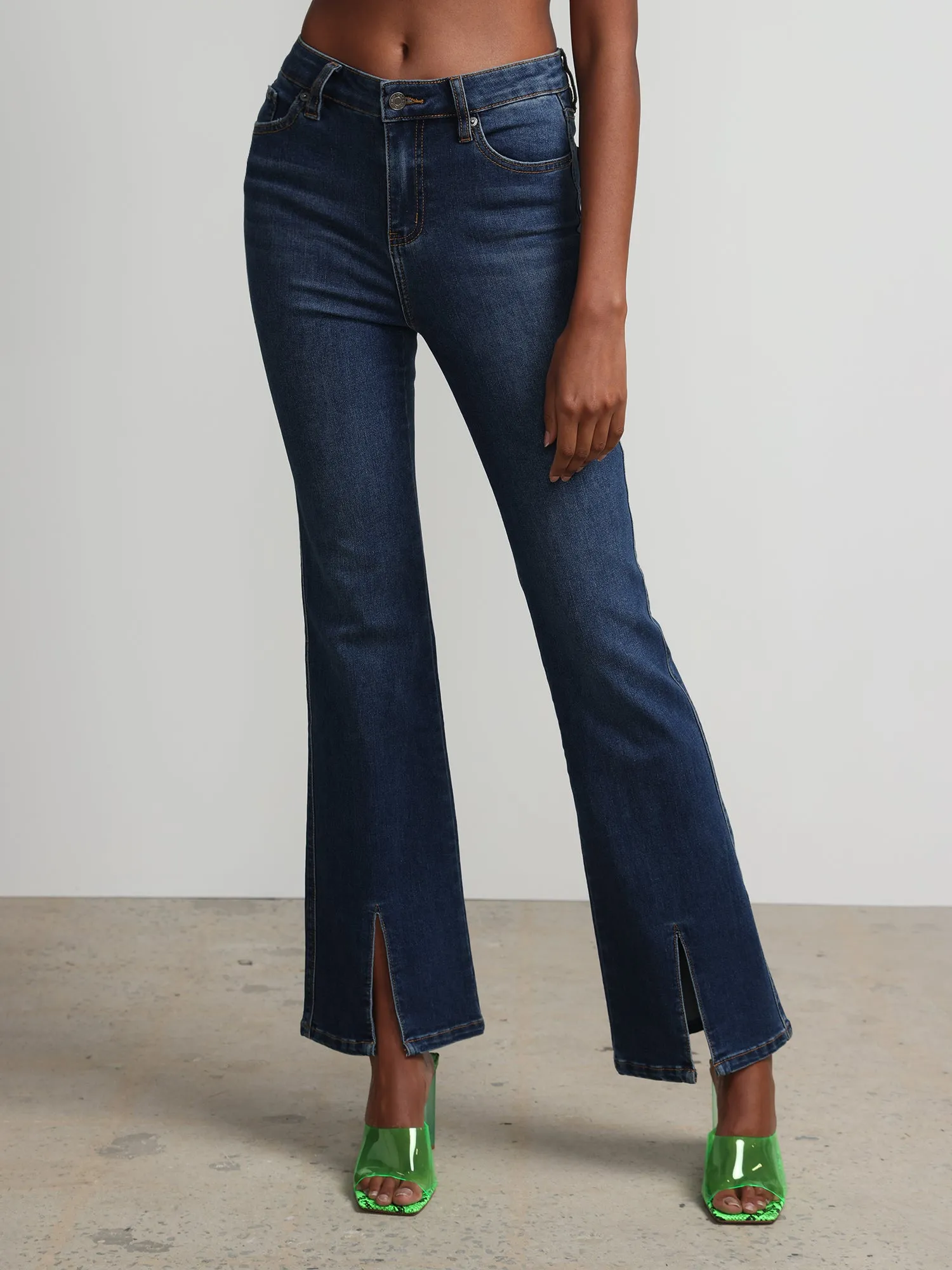 High-Waisted Slit-Hem Bootcut Jeans - Medium Wash