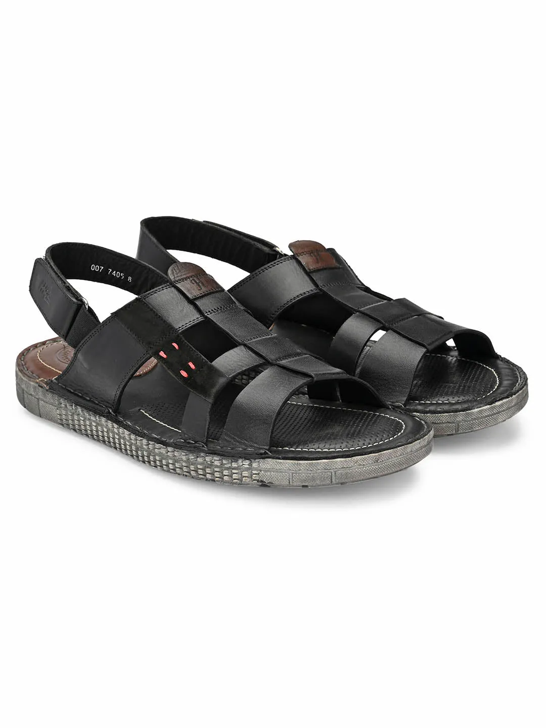 HITZ7405 Men's Black Leather Casual Velcro Sandals