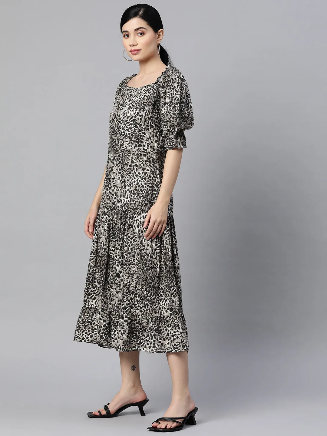 Indibelle Rayon Animal Print Flared Dress (Black)