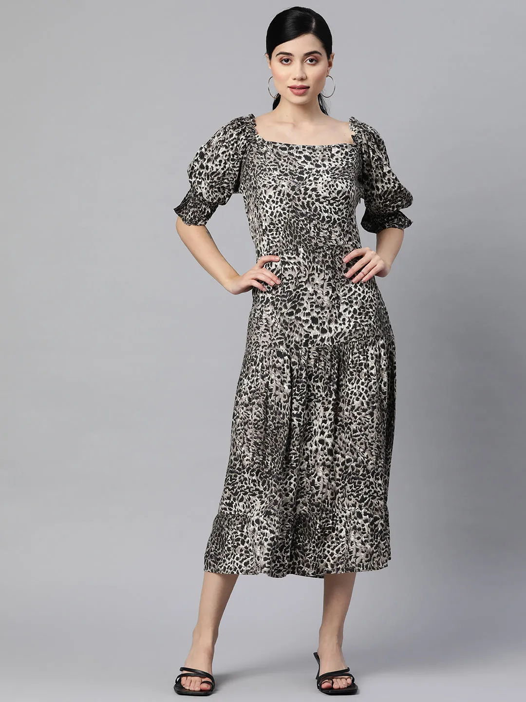 Indibelle Rayon Animal Print Flared Dress (Black)