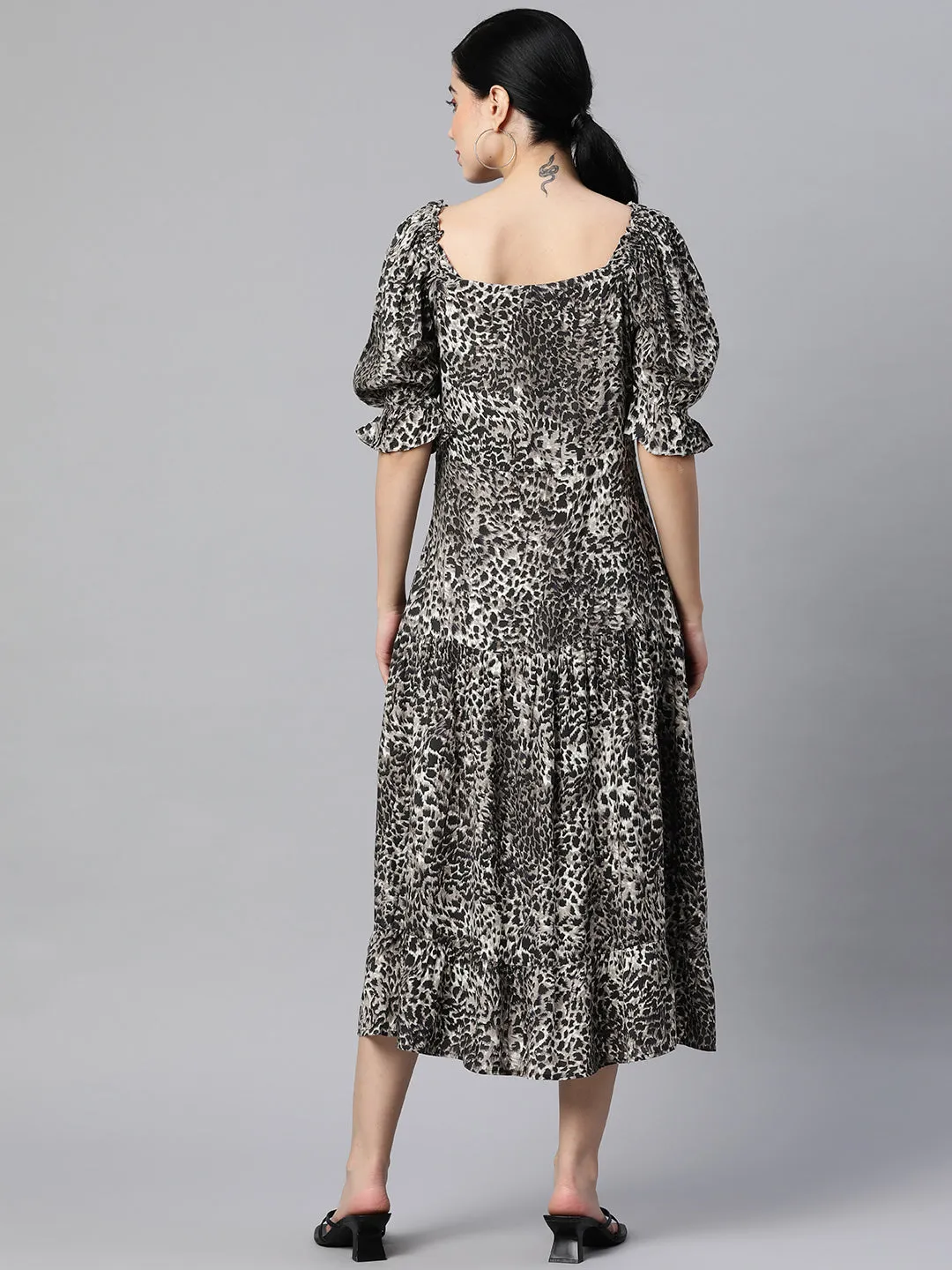 Indibelle Rayon Animal Print Flared Dress (Black)