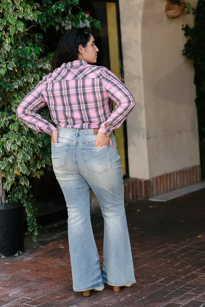 Megan Mid Rise Tinted Pin Tack Detail Flare Jeans - PLUS