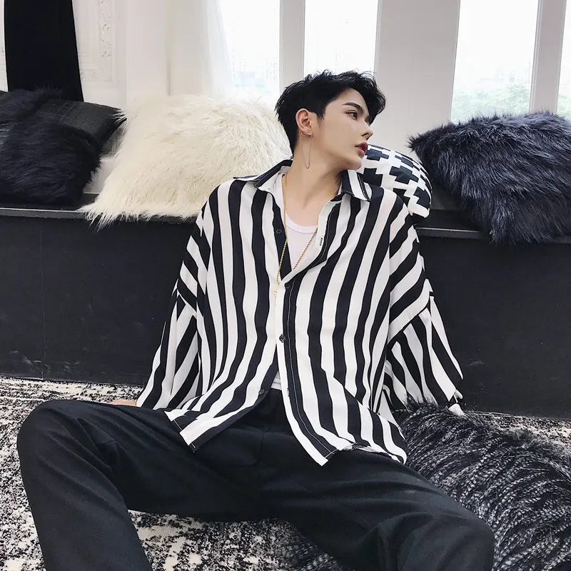 Men's Casual Long Sleeved Striped Loose Shirt
