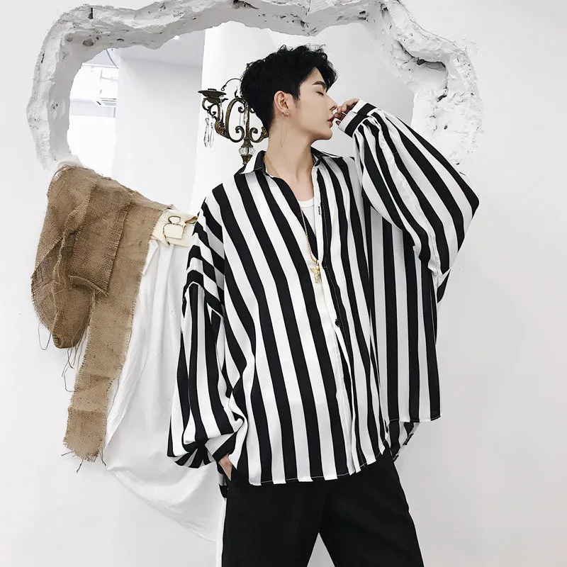 Men's Casual Long Sleeved Striped Loose Shirt