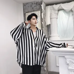Men's Casual Long Sleeved Striped Loose Shirt