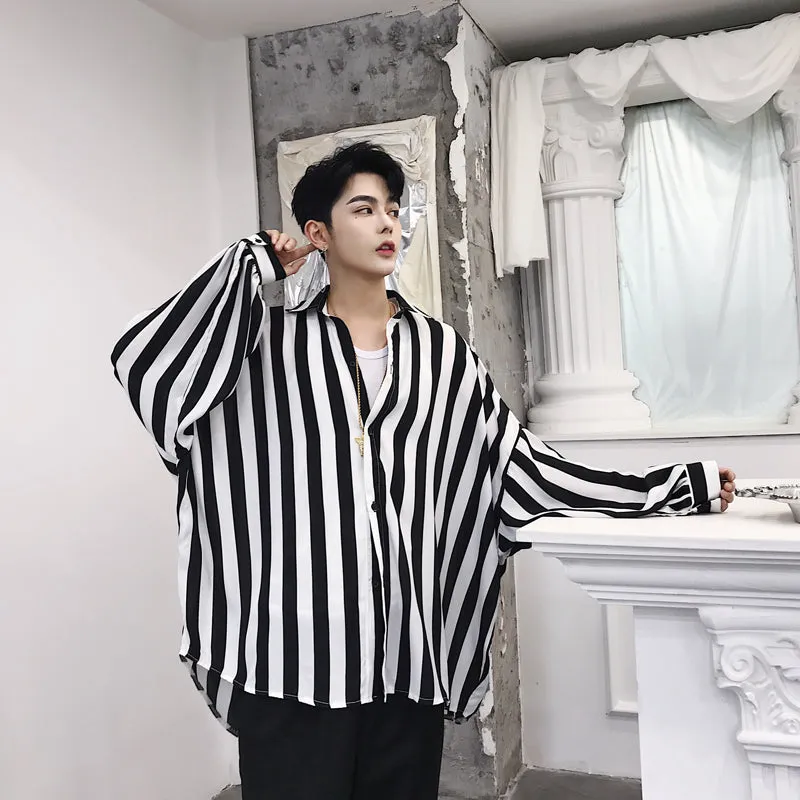 Men's Casual Long Sleeved Striped Loose Shirt