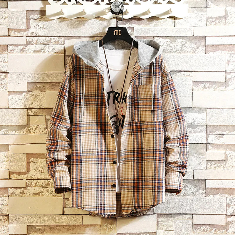 Men's Spring/Autumn Casual Hooded Shirt With Plaid Pattern