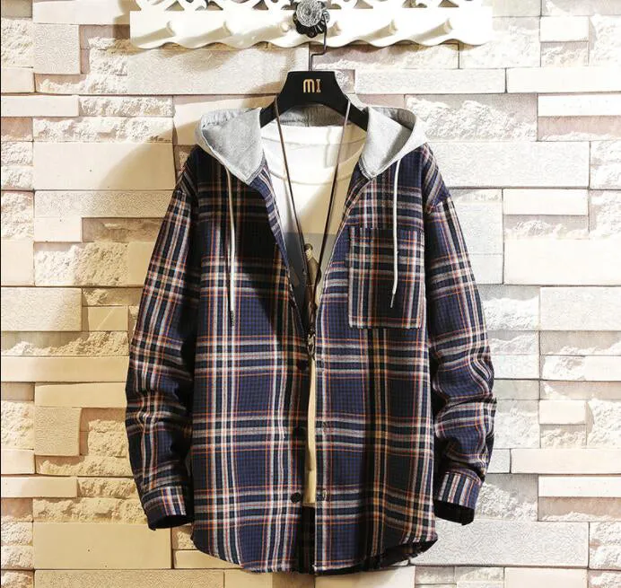 Men's Spring/Autumn Casual Hooded Shirt With Plaid Pattern