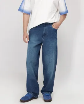 Rare Rabbit Men Jace Blue Cotton Blend Fabric Button And Zip Closure Baggy Fit Plain Jeans