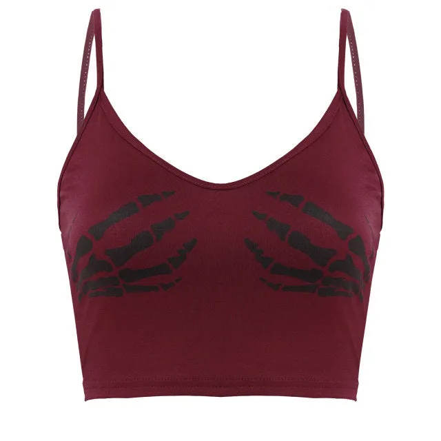 Sexy Club Women Summer Crop Top Camis Black Sleeveless Human Skeleton Skull Hand Printed Tights Vest