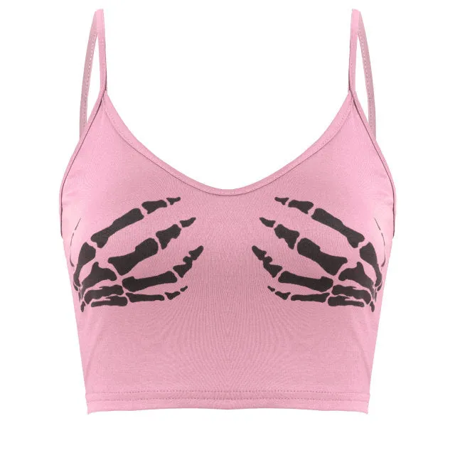 Sexy Club Women Summer Crop Top Camis Black Sleeveless Human Skeleton Skull Hand Printed Tights Vest