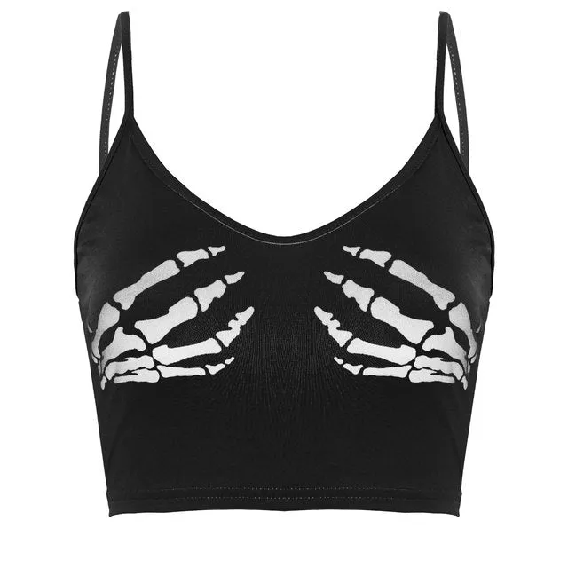 Sexy Club Women Summer Crop Top Camis Black Sleeveless Human Skeleton Skull Hand Printed Tights Vest