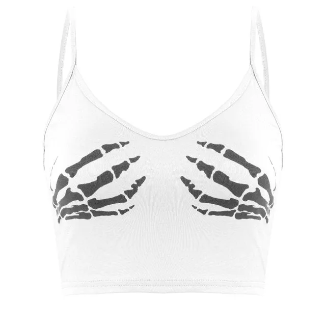 Sexy Club Women Summer Crop Top Camis Black Sleeveless Human Skeleton Skull Hand Printed Tights Vest